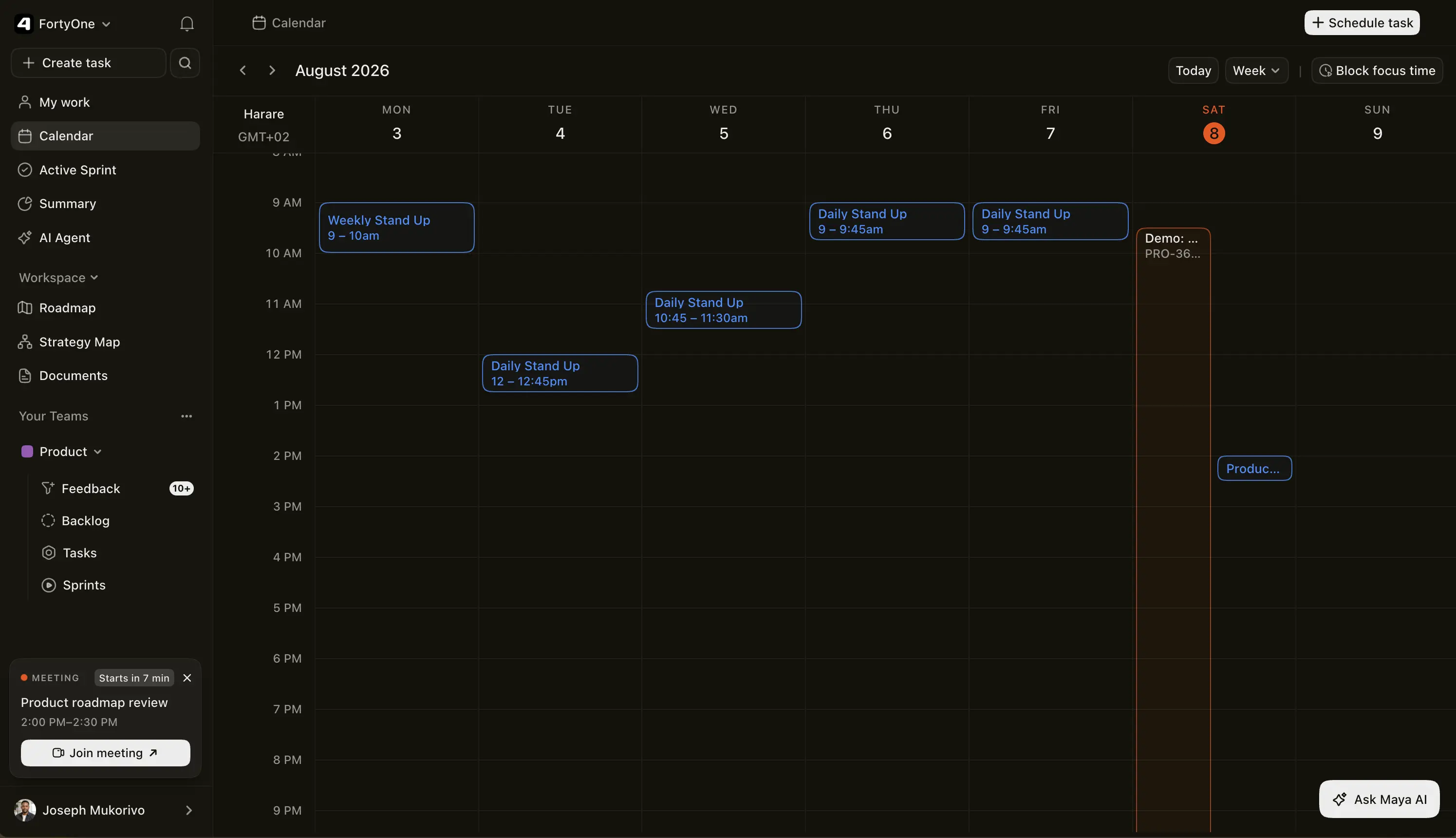 FortyOne weekly calendar combining team meetings and scheduled project tasks