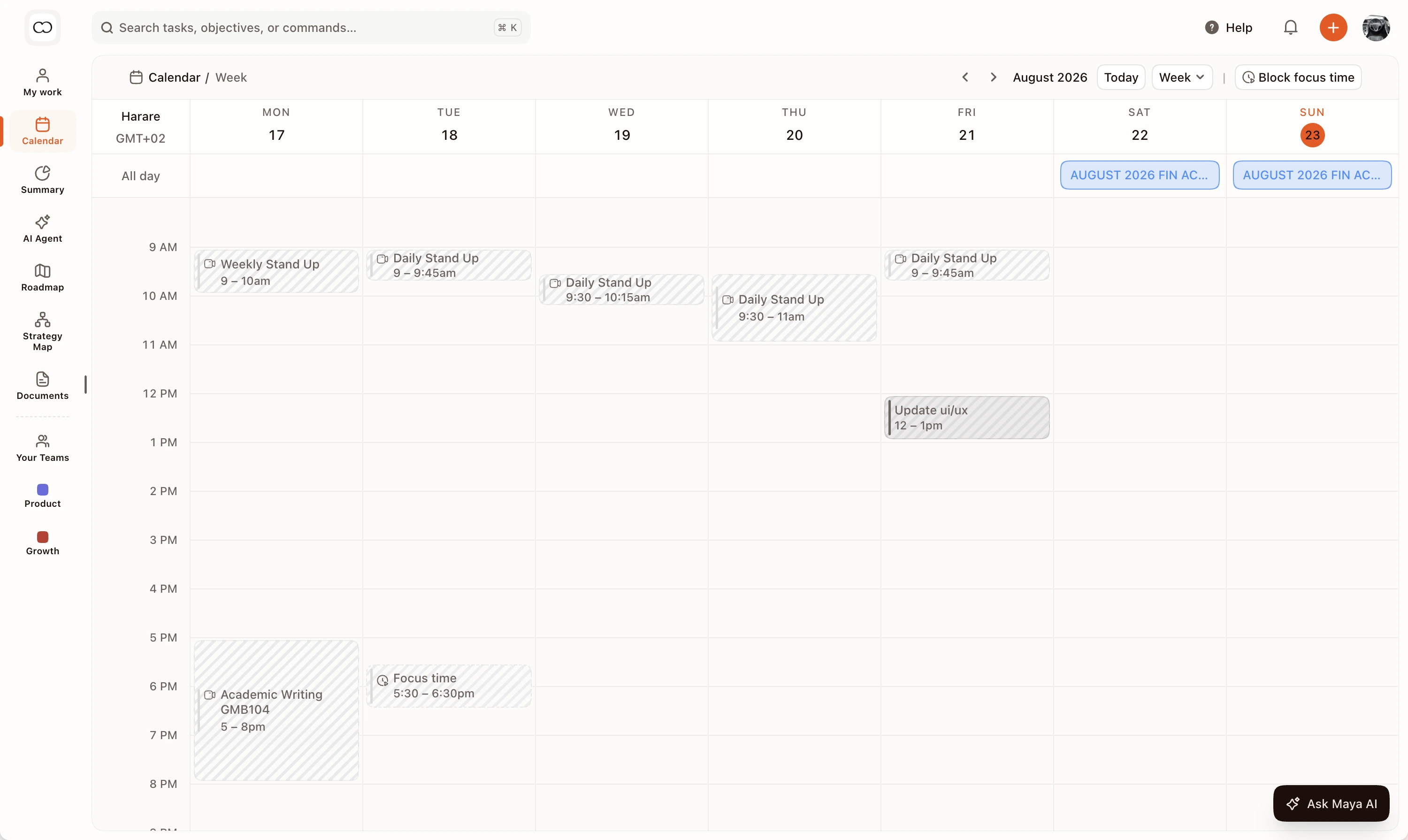 FortyOne weekly calendar combining scheduled project work with connected calendar commitments