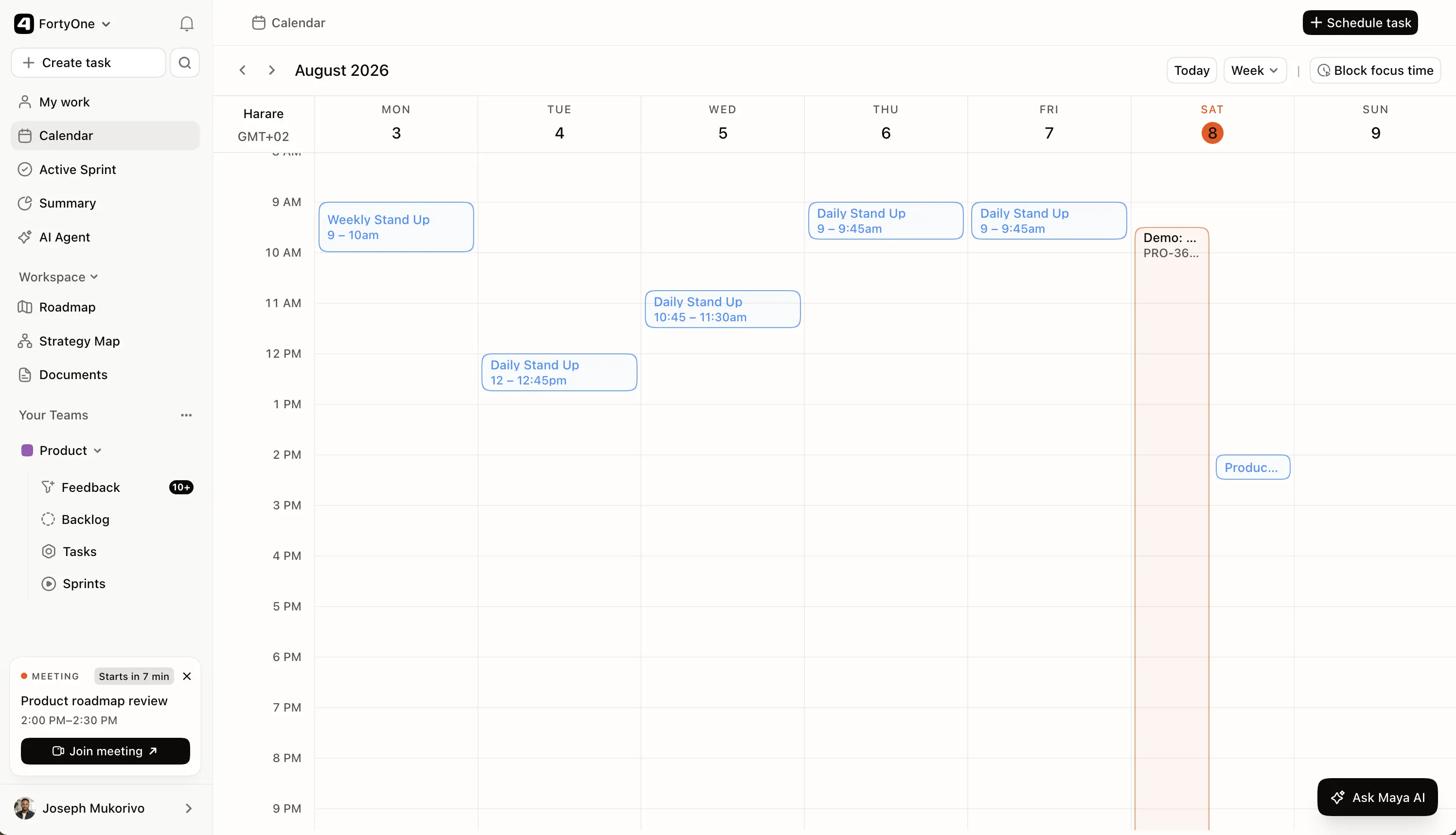 FortyOne weekly calendar combining team meetings and scheduled project tasks
