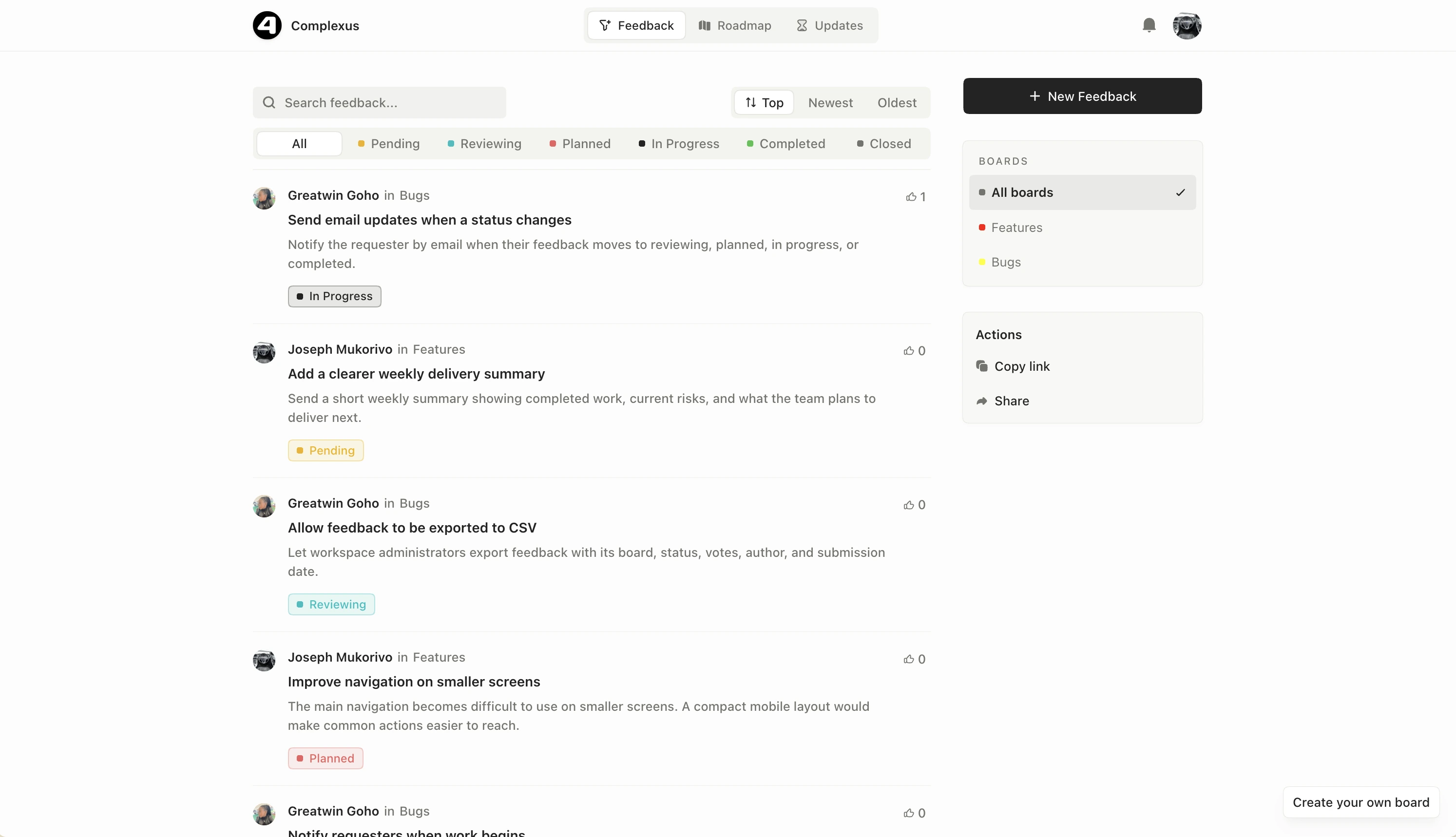 FortyOne feedback portal showing customer requests grouped by board and delivery status