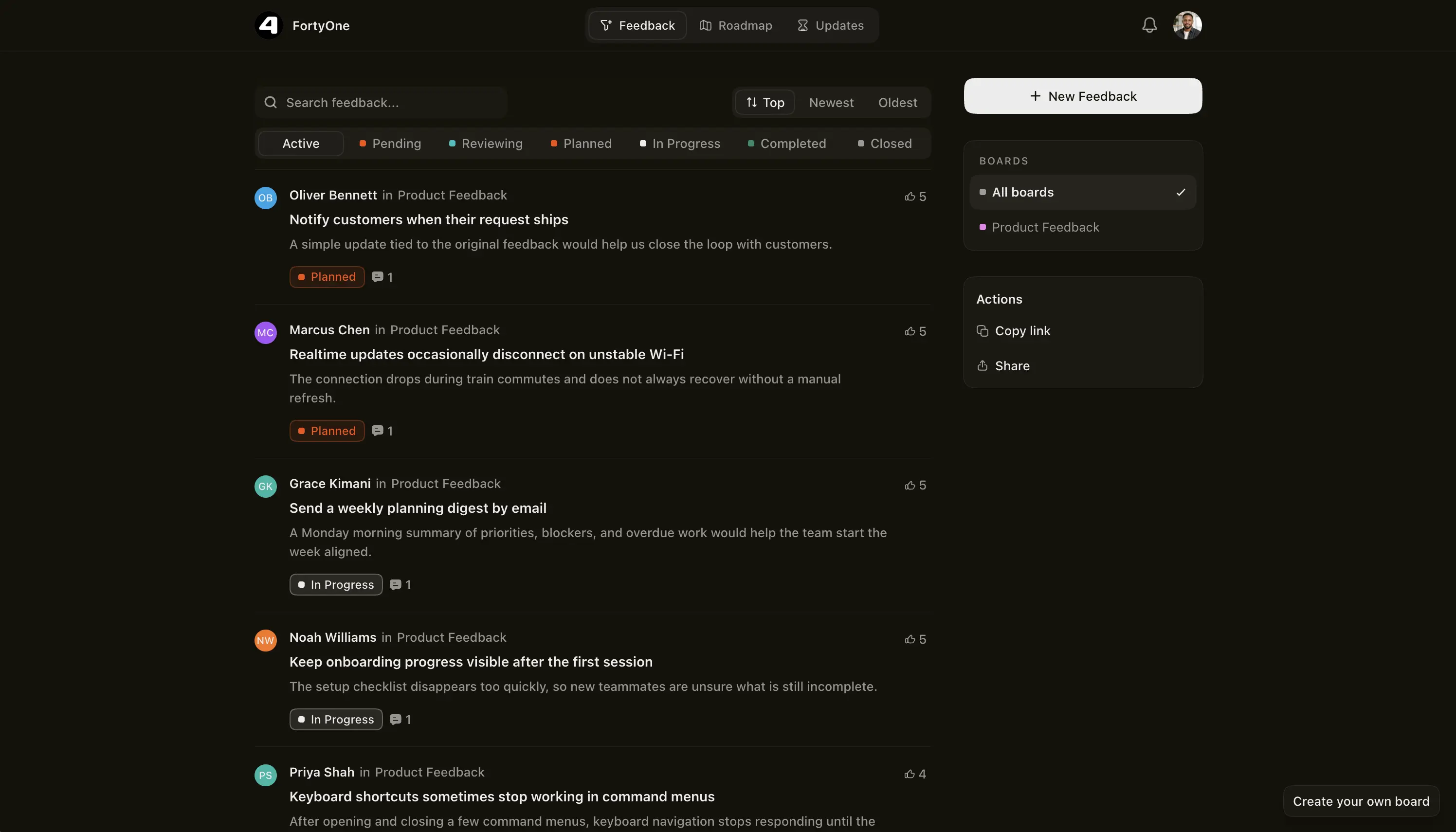 Public FortyOne feedback portal showing customer requests, votes, boards, and delivery statuses