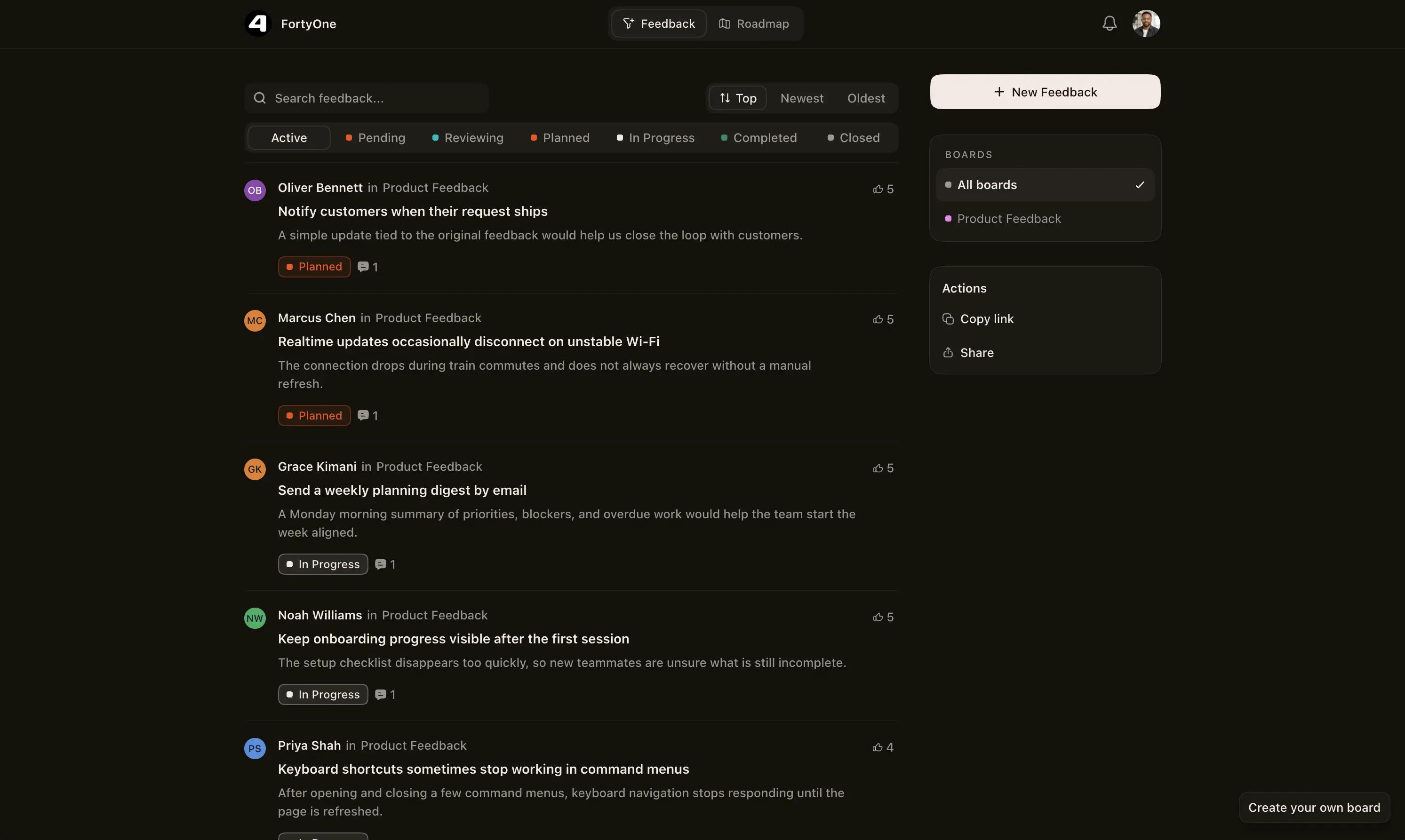 FortyOne feedback portal showing customer requests, votes, and product feedback