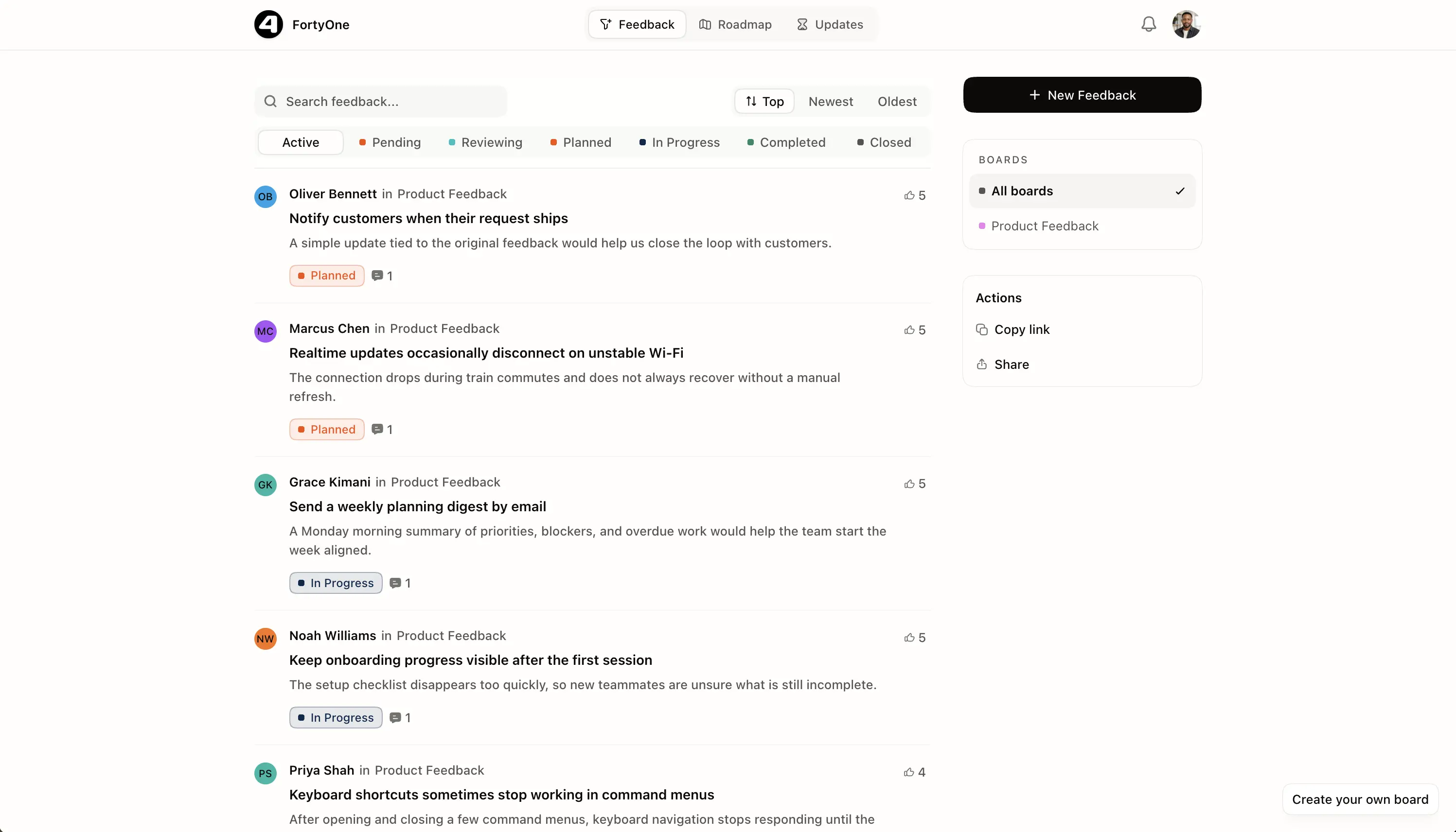Public FortyOne feedback portal showing customer requests, votes, boards, and delivery statuses