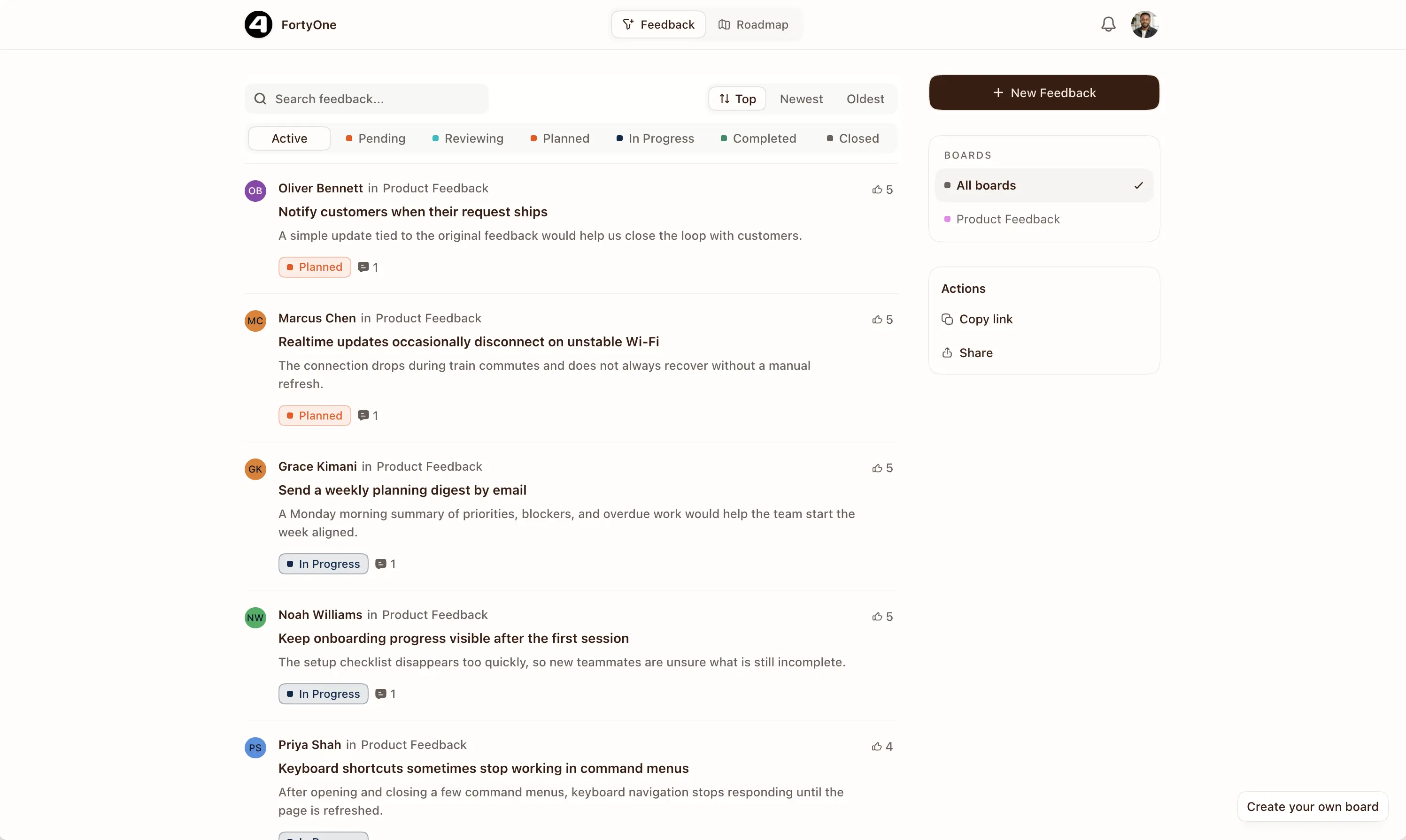 FortyOne feedback portal showing customer requests, votes, and product feedback