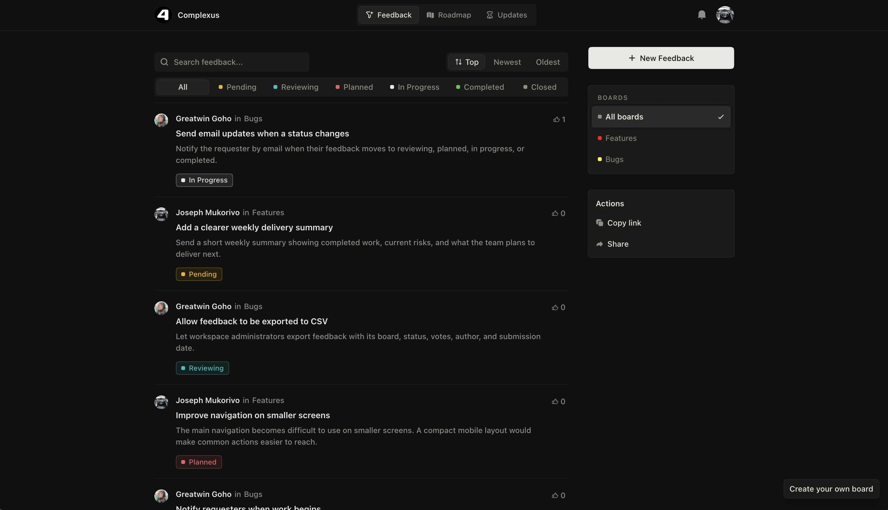 FortyOne feedback portal showing customer requests grouped by board and delivery status