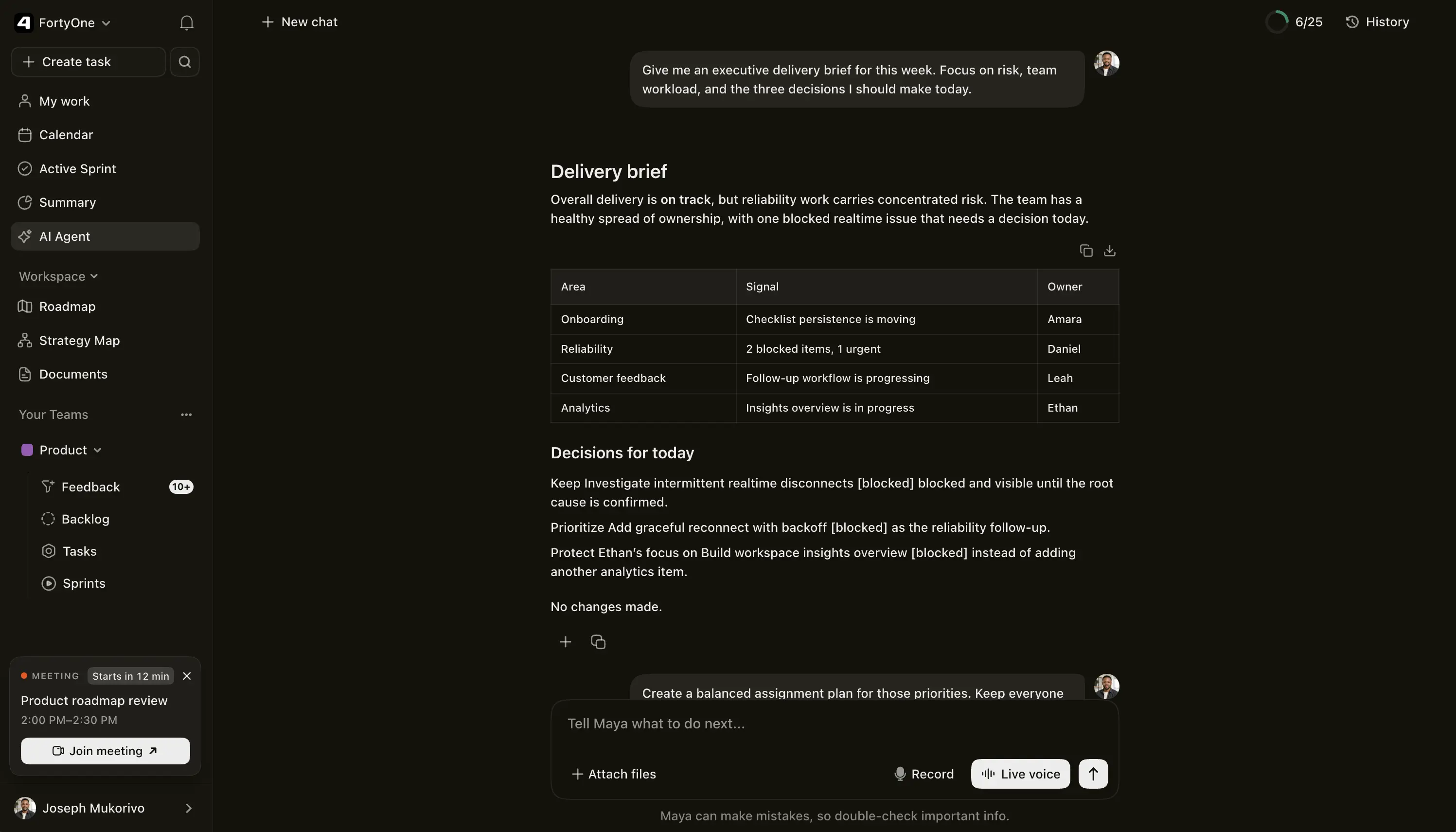 Maya AI delivery brief summarising team workload, delivery risks, owners, and decisions for the week