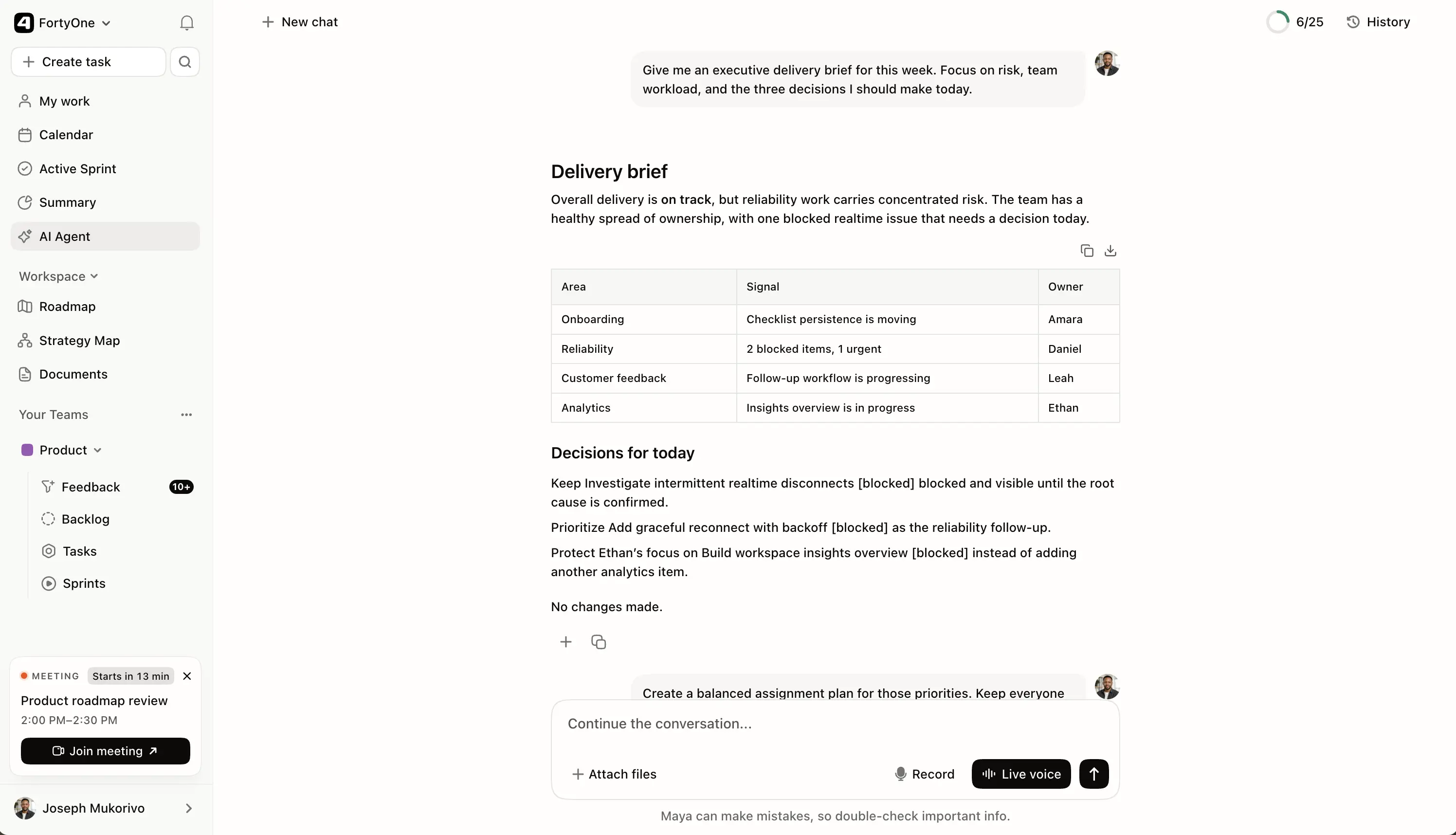 Maya AI delivery brief summarising team workload, delivery risks, owners, and decisions for the week