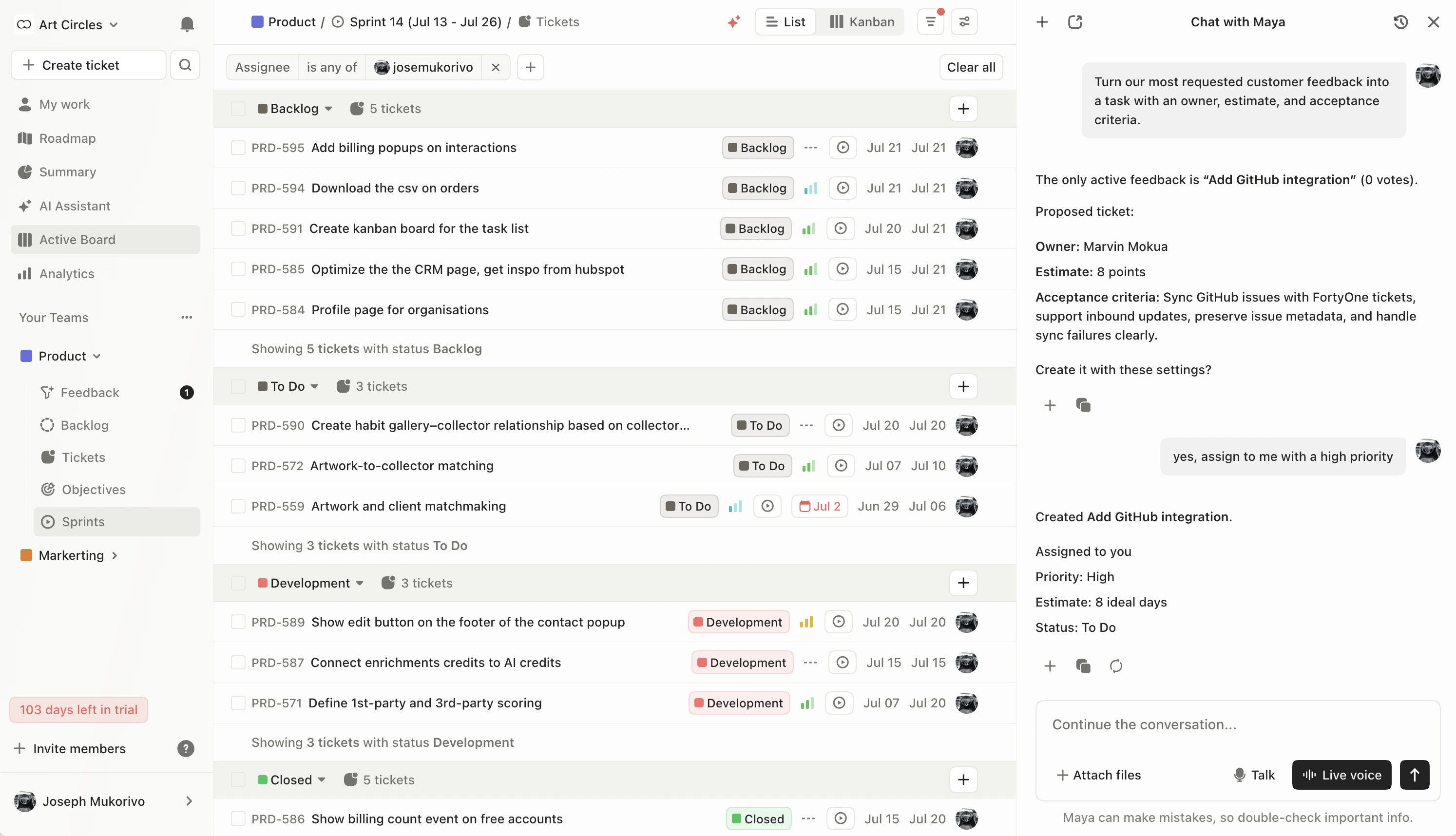 Maya turning customer feedback into a reviewed task with an owner, estimate, and acceptance criteria