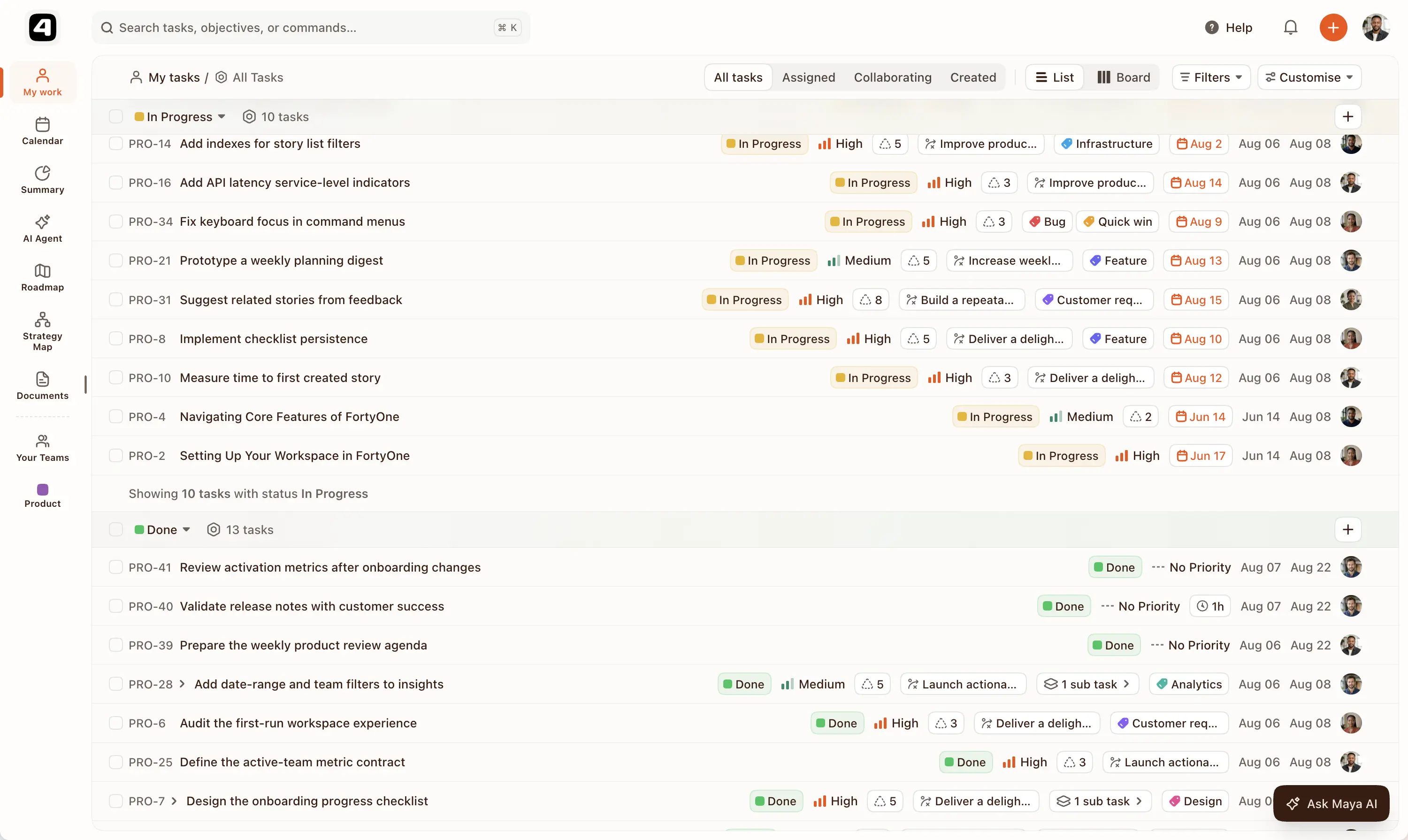 FortyOne My Work list showing structured tasks created from connected source context