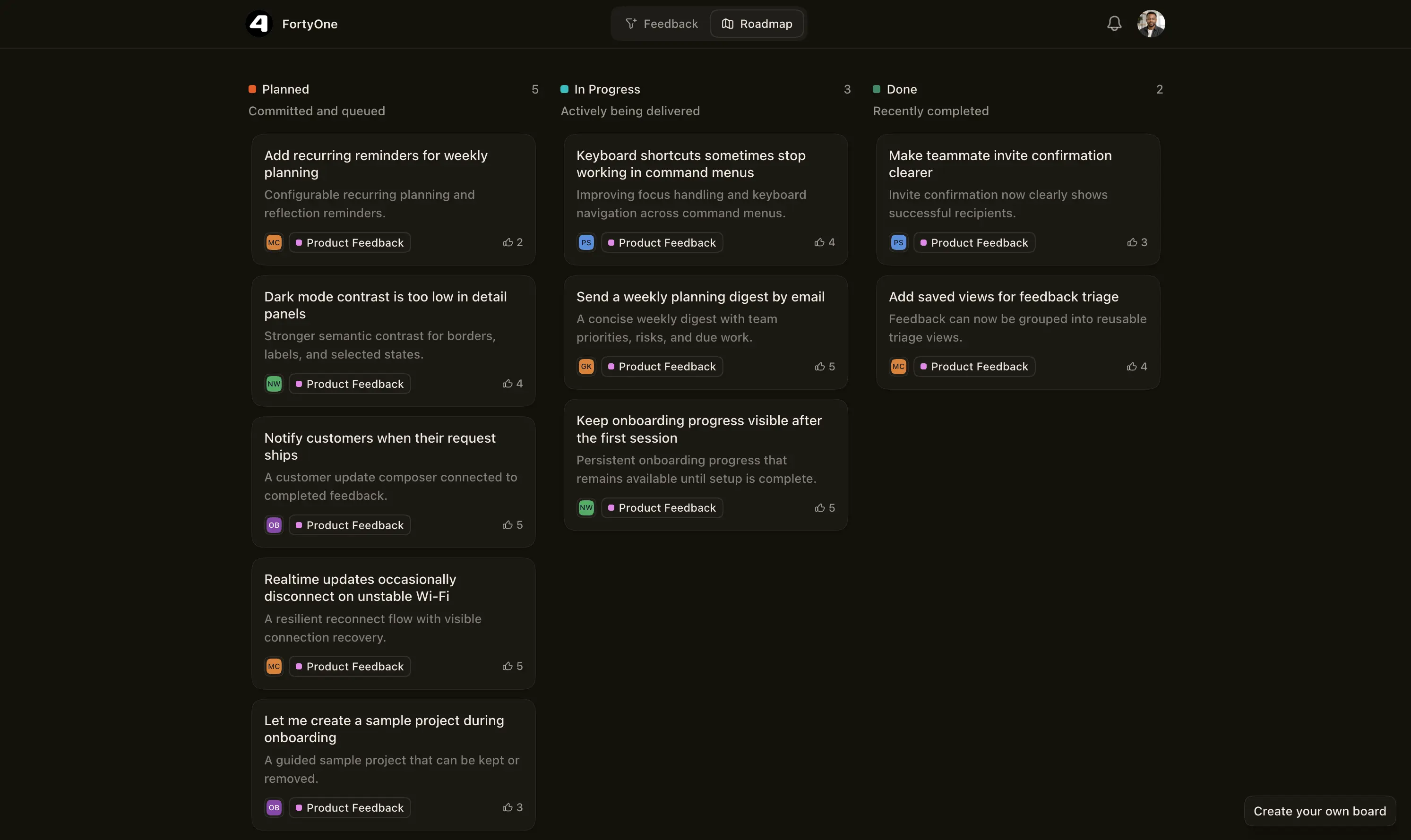 FortyOne public roadmap showing planned, in progress, and completed customer priorities