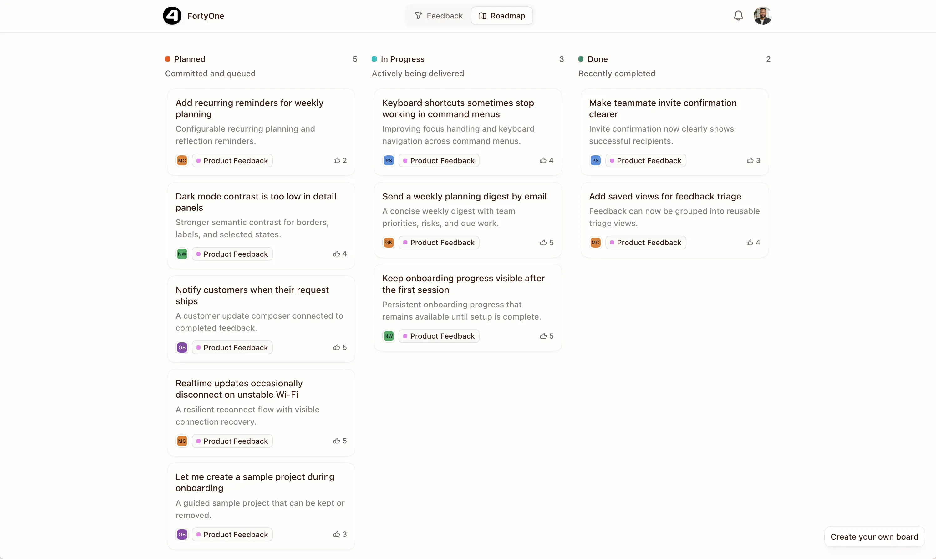 FortyOne public roadmap showing planned, in progress, and completed customer priorities